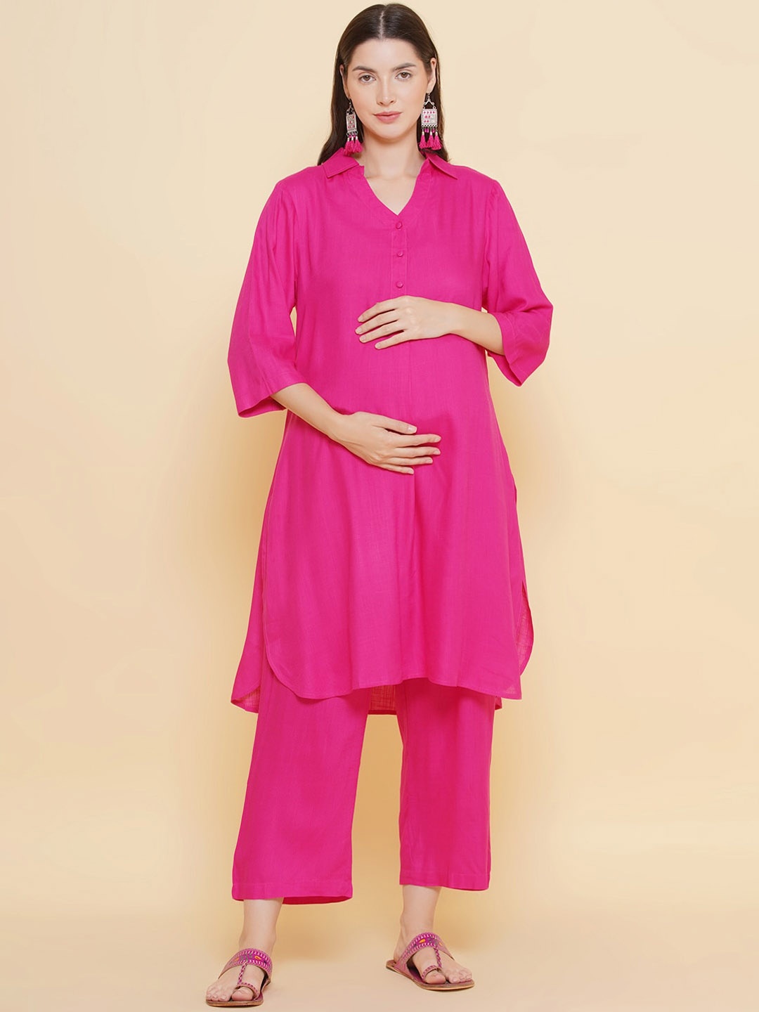 

Mine4Nine Shirt Collar Maternity A-Line Kurta With Trousers, Pink