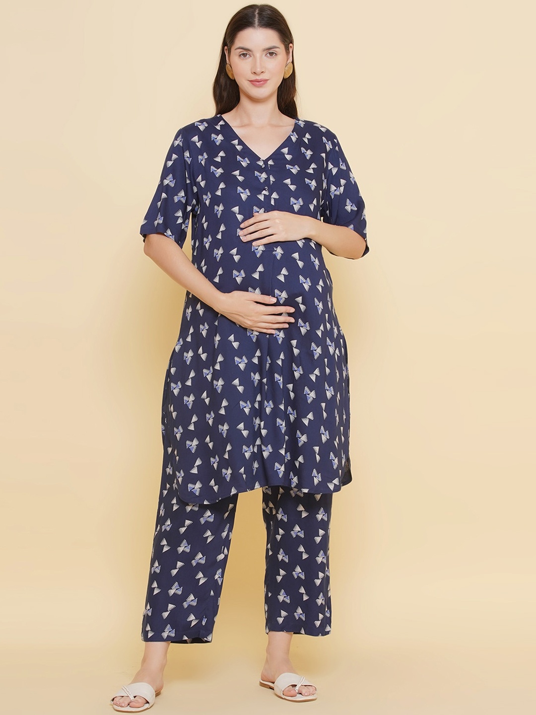 

Mine4Nine Geometric Printed Maternity A-Line Kurta With Trousers, Navy blue