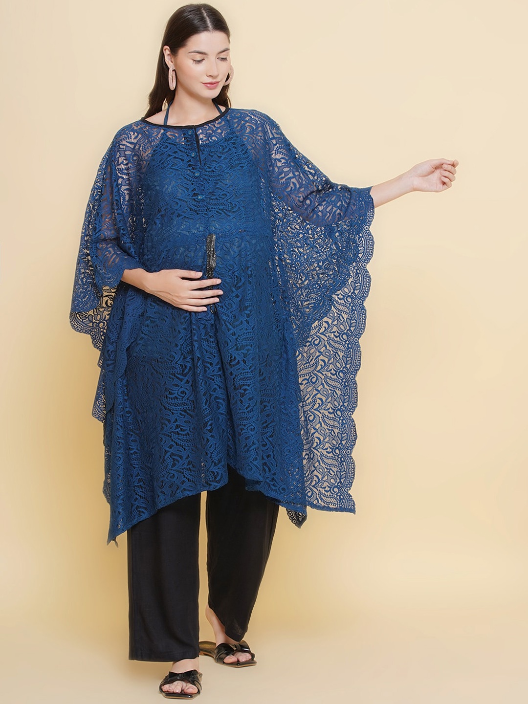 

Mine4Nine Floral Self Design Extended Sleeves Maternity Kaftan Kurta With Trousers, Navy blue