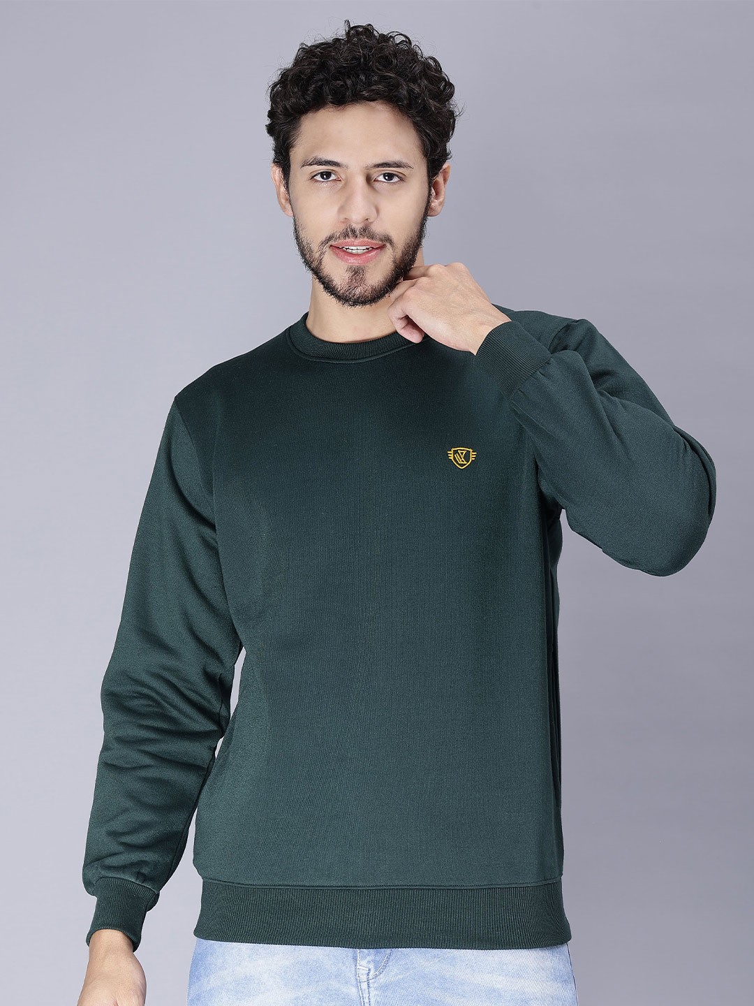 

WE PERFECT Round Neck Long Sleeves Fleece Pullover Sweatshirt, Green