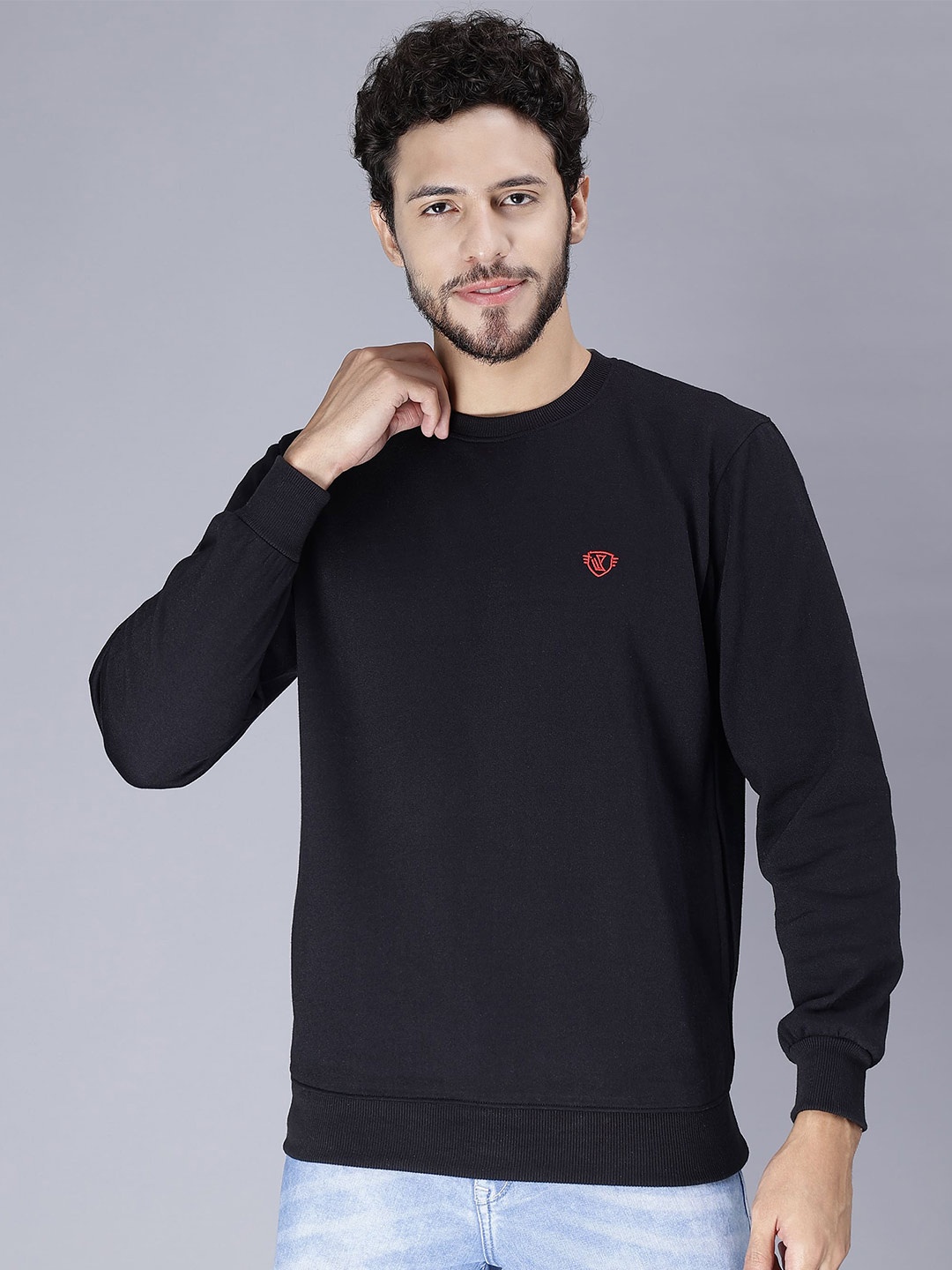 

WE PERFECT Round Neck Long Sleeves Fleece Pullover Sweatshirt, Black