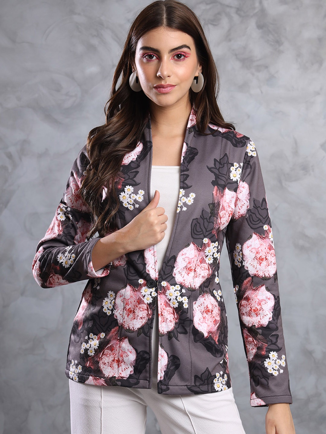 

MAZIE Floral Printed Shawl Collar Long Sleeves Single Breasted Slim Fit Blazer, Grey