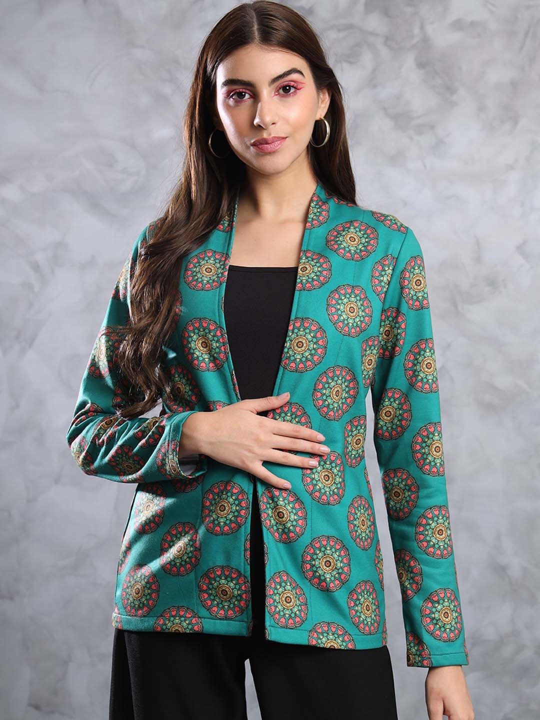 

MAZIE Printed Shawl Collar Long Sleeves Single-Breasted Blazer, Teal