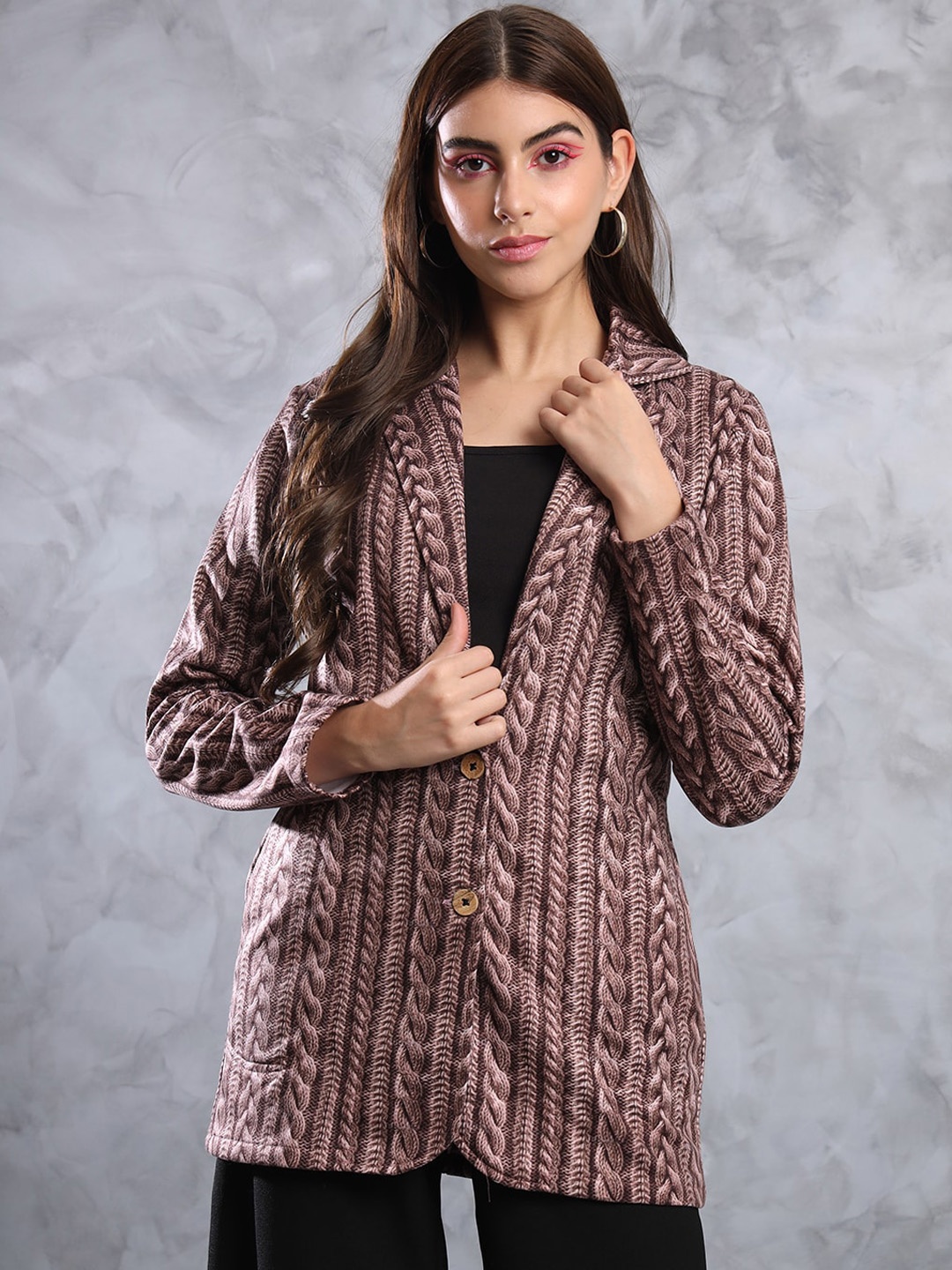 

MAZIE Self Design Notched Lapel Long Sleeves Single Breasted Slim Fit Blazer, Brown