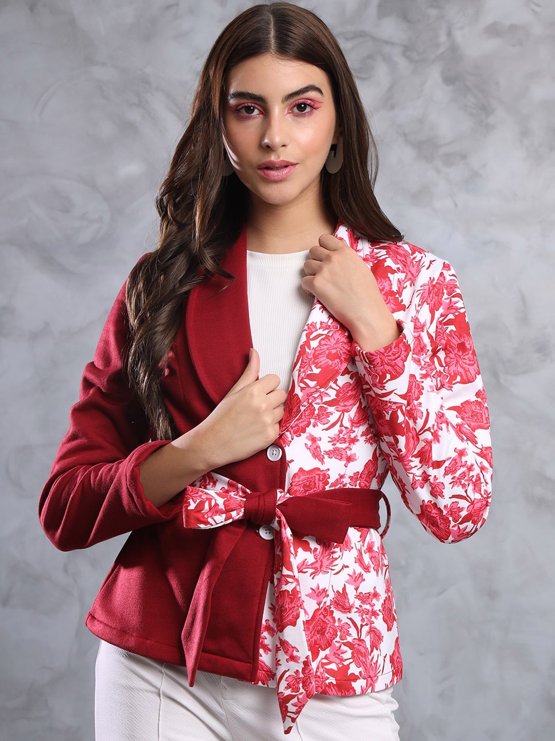 

MAZIE Floral Printed Shawl Collar Long Sleeves Single Breasted Slim Fit Blazer, Red