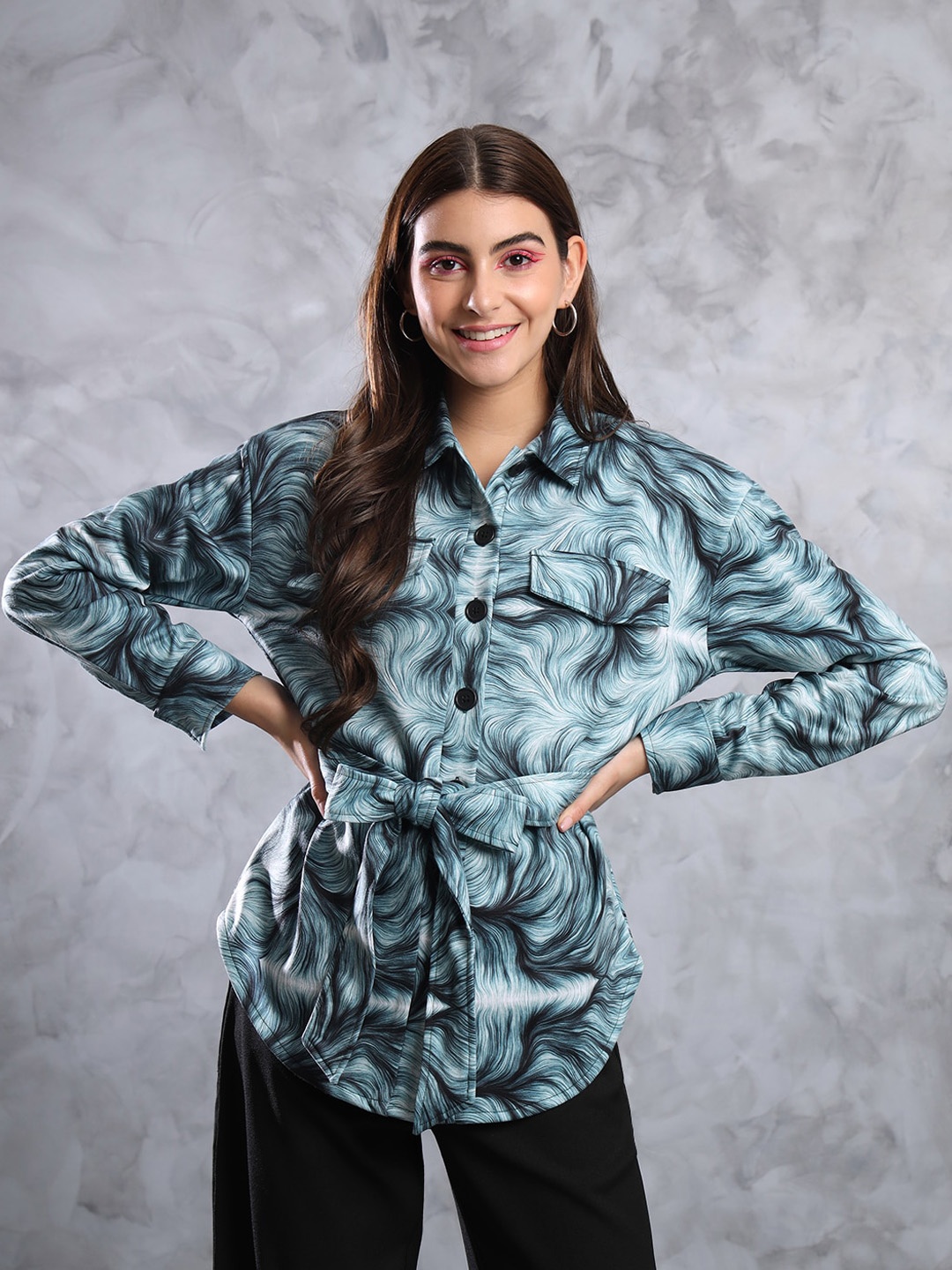 

MAZIE Abstract Printed Spread Collar Casual Shirt, White