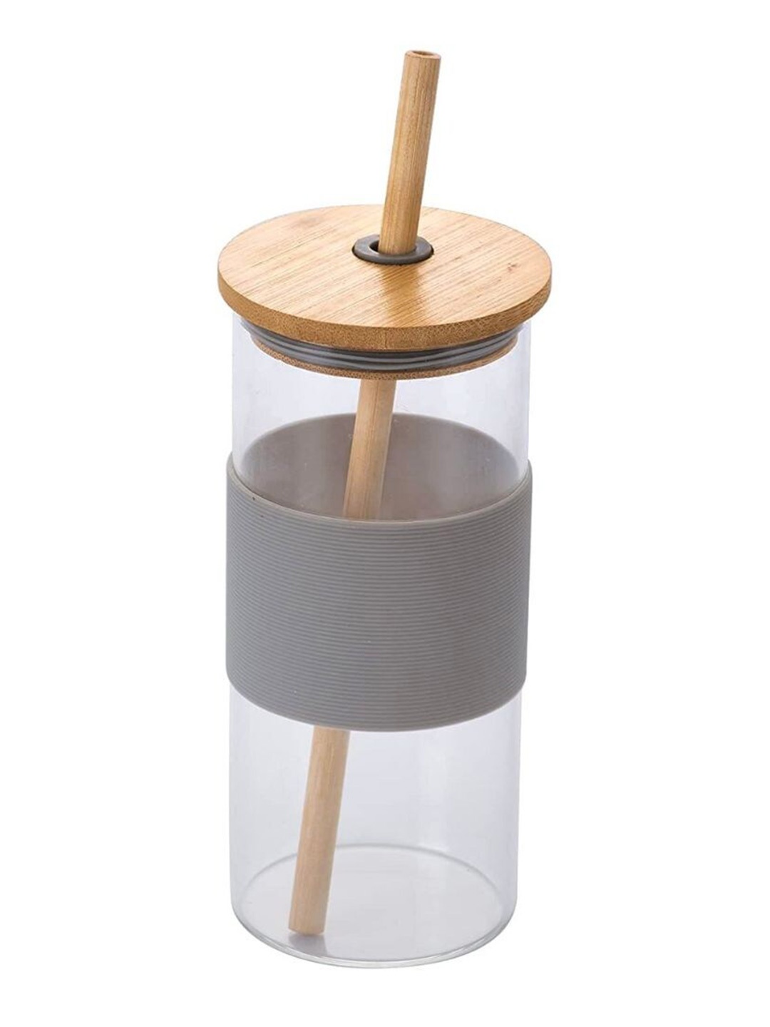 

Gathari Transparent & Brown Glass Glossy Mug & Straw With Lid - 400 ML
