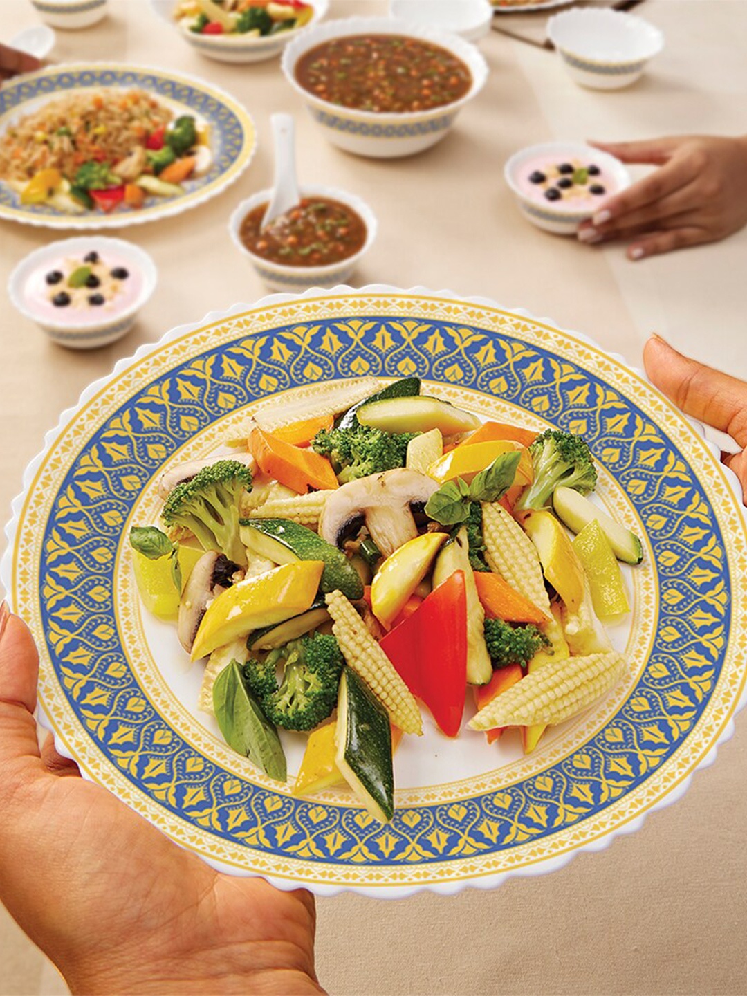 

Larah by BOROSIL White & Yellow 40 Pieces Printed Opalware Glossy Dinner Set