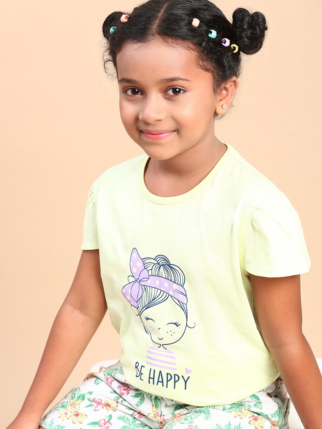 

CODEZ Girls Graphic Printed Cap Sleeves Pure Cotton T-shirt, Lime green