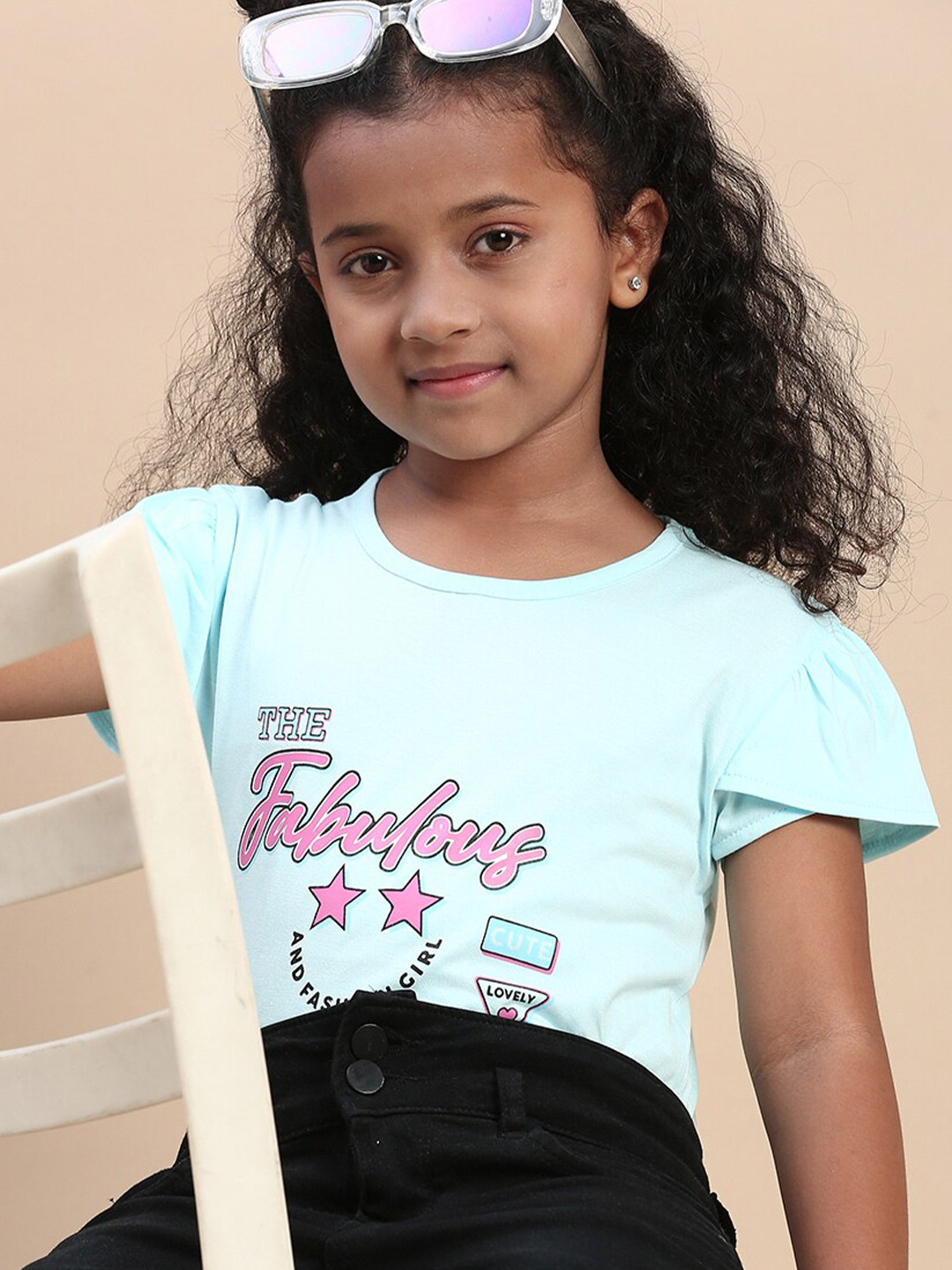

CODEZ Girls Typography Printed Cap Sleeves Pure Cotton T-shirt, Blue
