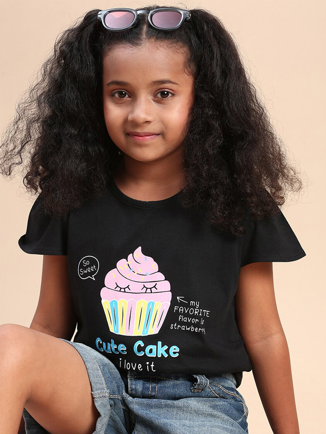

CODEZ Girls Graphic Printed Cap Sleeves Pure Cotton T-shirt, Black