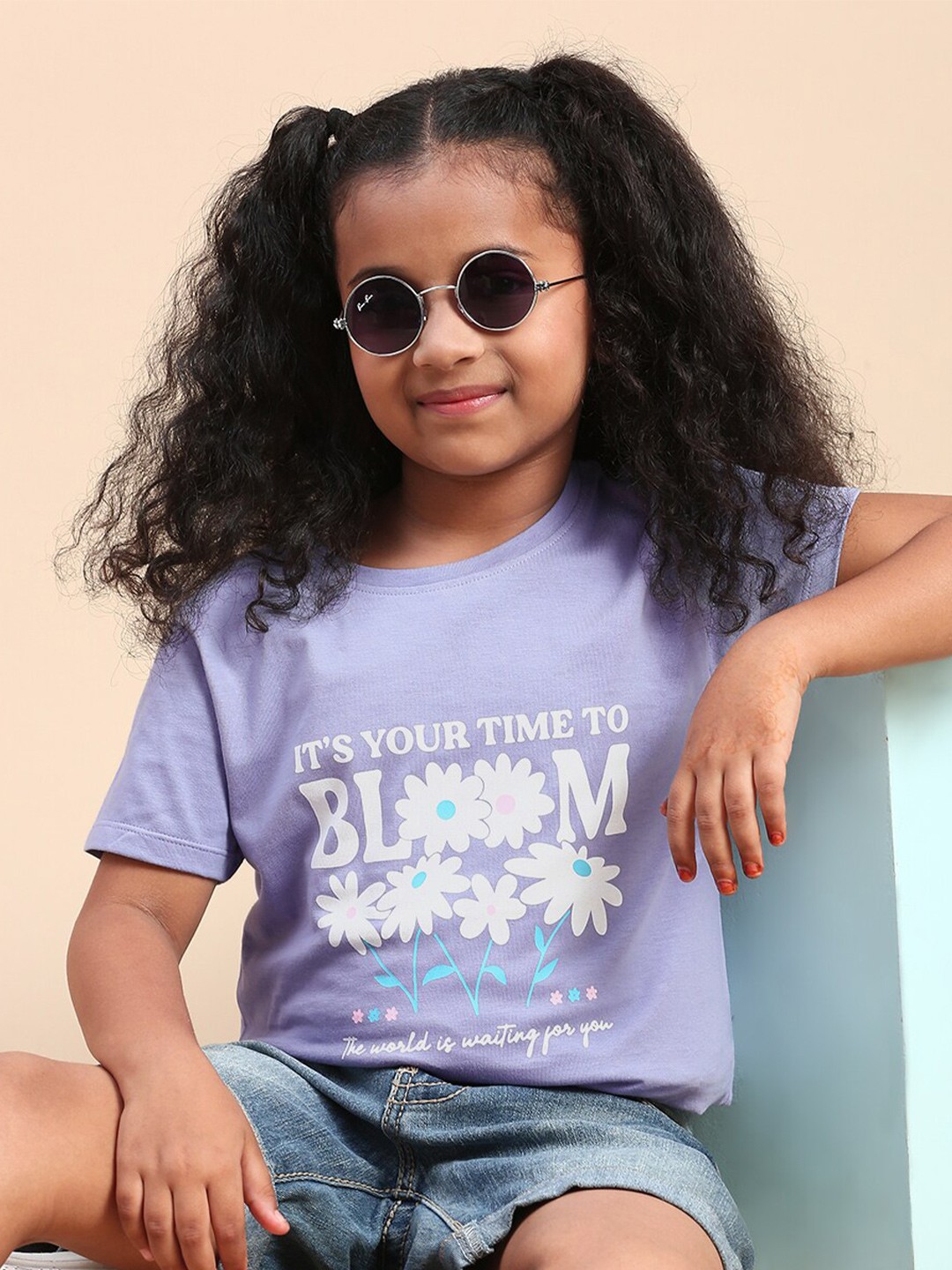 

CODEZ Girls Typography Printed Pure Cotton T-shirt, Purple