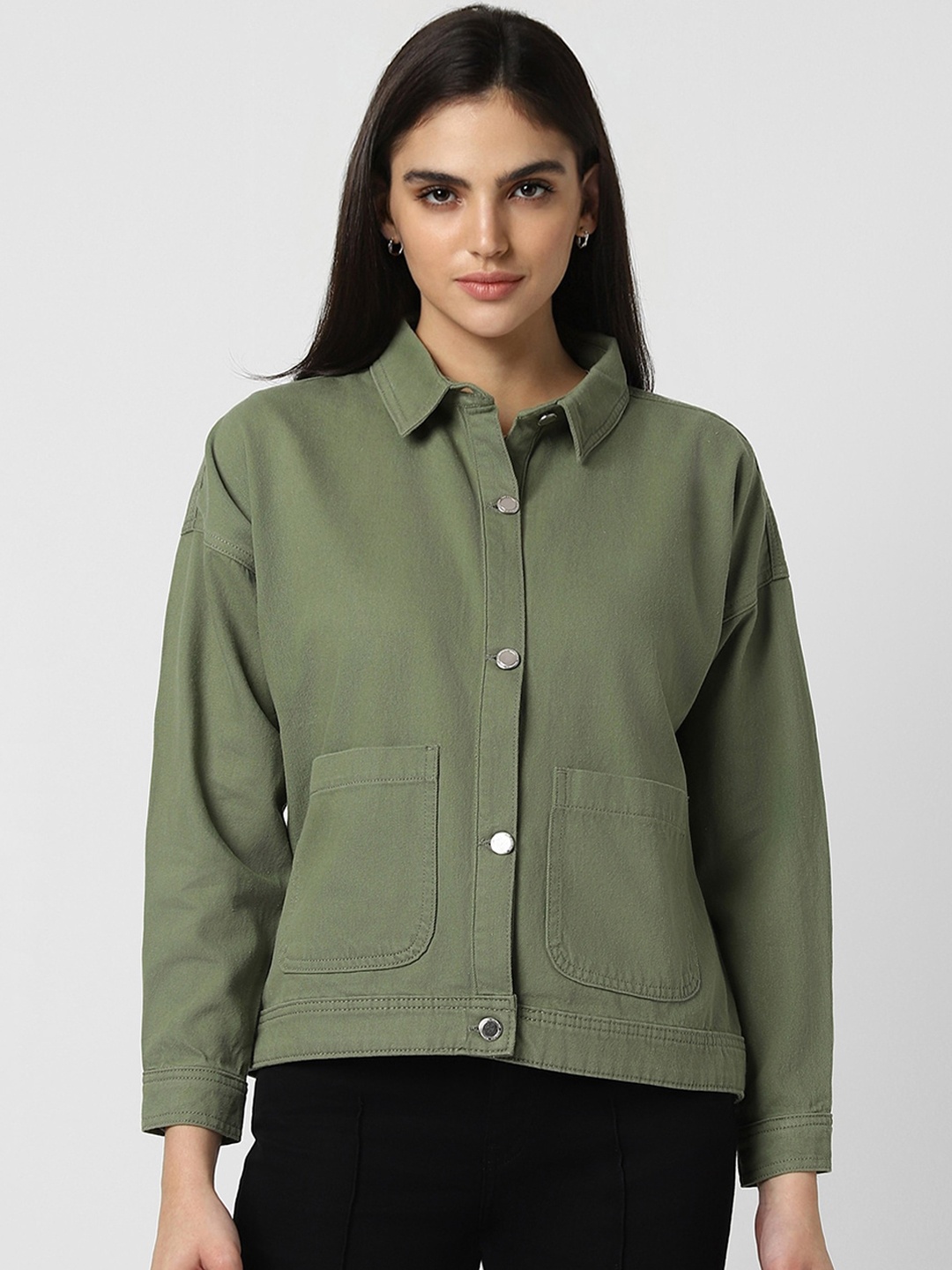 

Van Heusen Woman Spread Collar Pure Cotton Denim Jacket, Olive