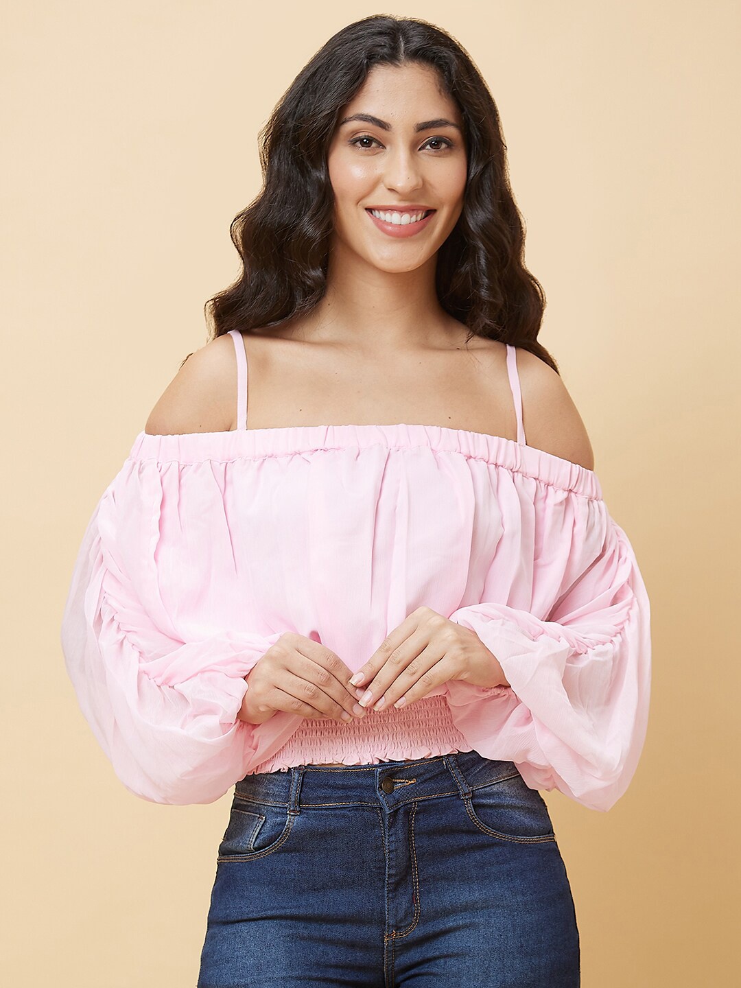 

Globus Pink Off-Shoulder Cuffed Sleeve Smocked Bardot Crop Top