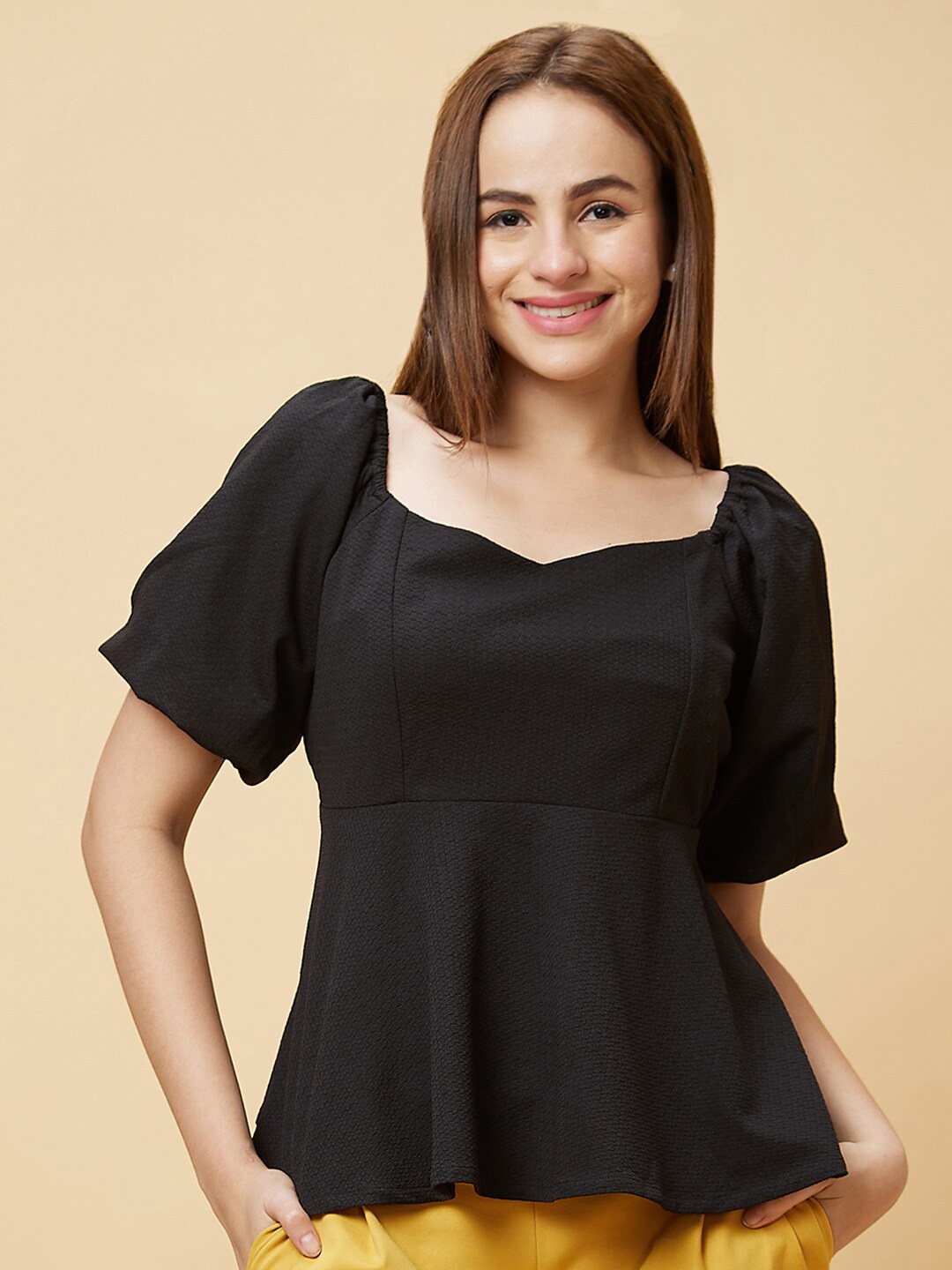 

Globus Black Sweetheart Neck Puff Sleeves Gathered Regular Top