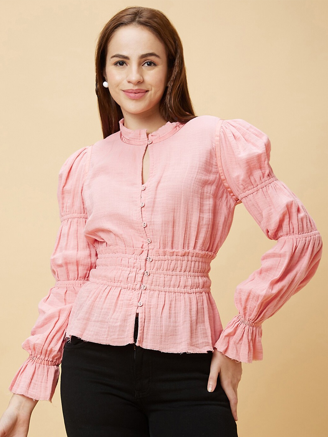 

Globus Peach-Coloured Cotton Shirt Style Top