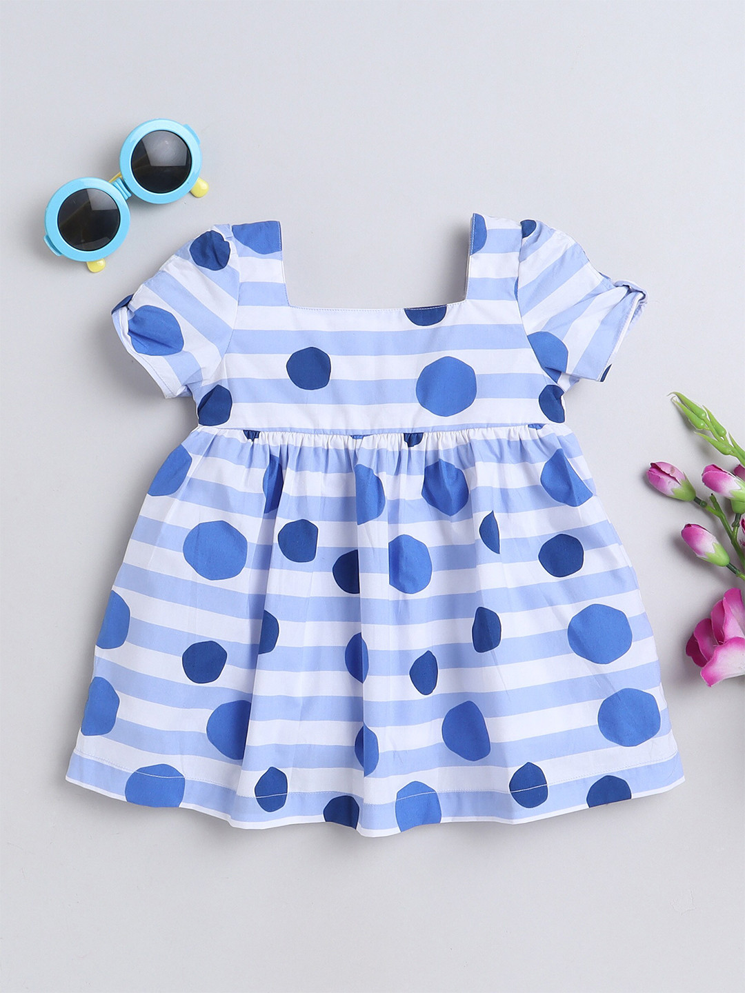 

MANET Girls Polka Dot Printed Square Neck Cotton Fit & Flare Dress, Blue