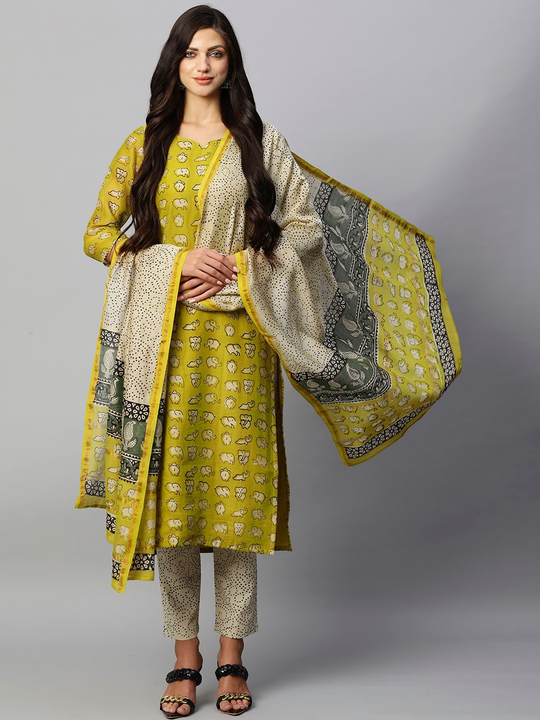

KALINI Ethnic Motif Printed Straight Kurta With Trousers & Dupatta, Lime green