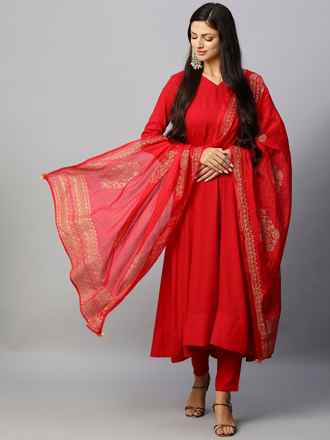 

KALINI Women Red Regular Kurta with Trousers & With Dupatta