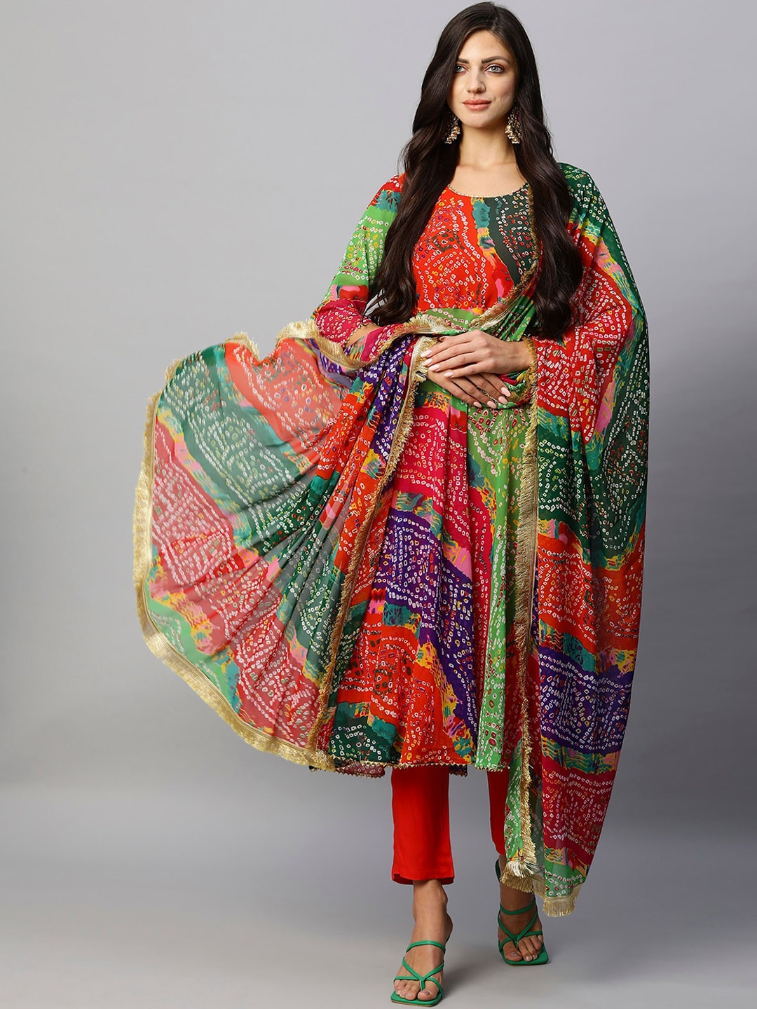 

KALINI Bandhani Printed Gotta Patti Anarkali Kurta & Trousers With Dupatta, Red