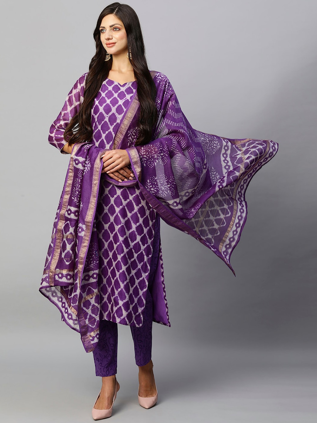 

KALINI Geometric Printed Straight Kurta & Trousers With Dupatta, Violet