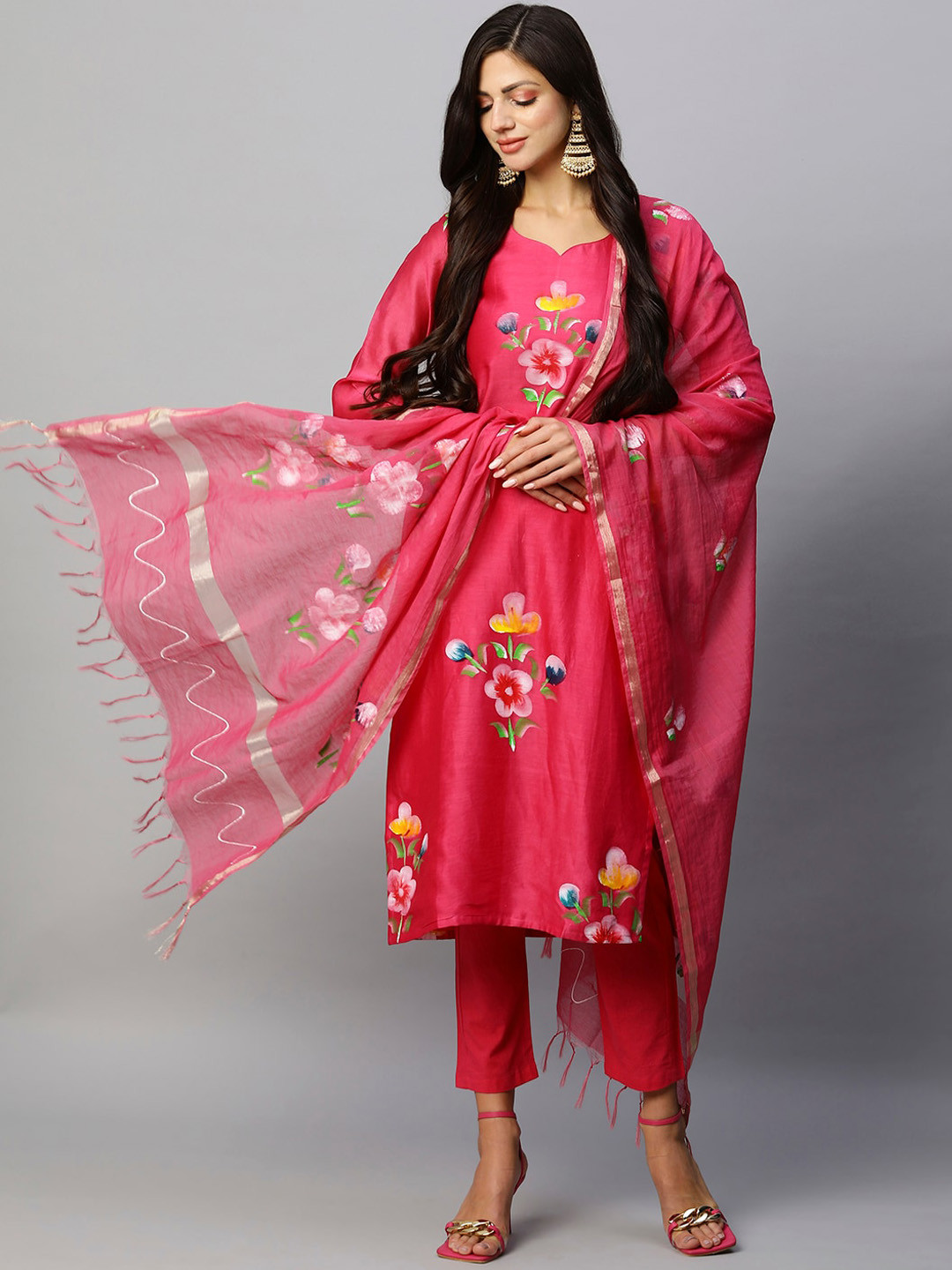 

KALINI Floral Printed Kurta & Trousers With Dupatta, Pink