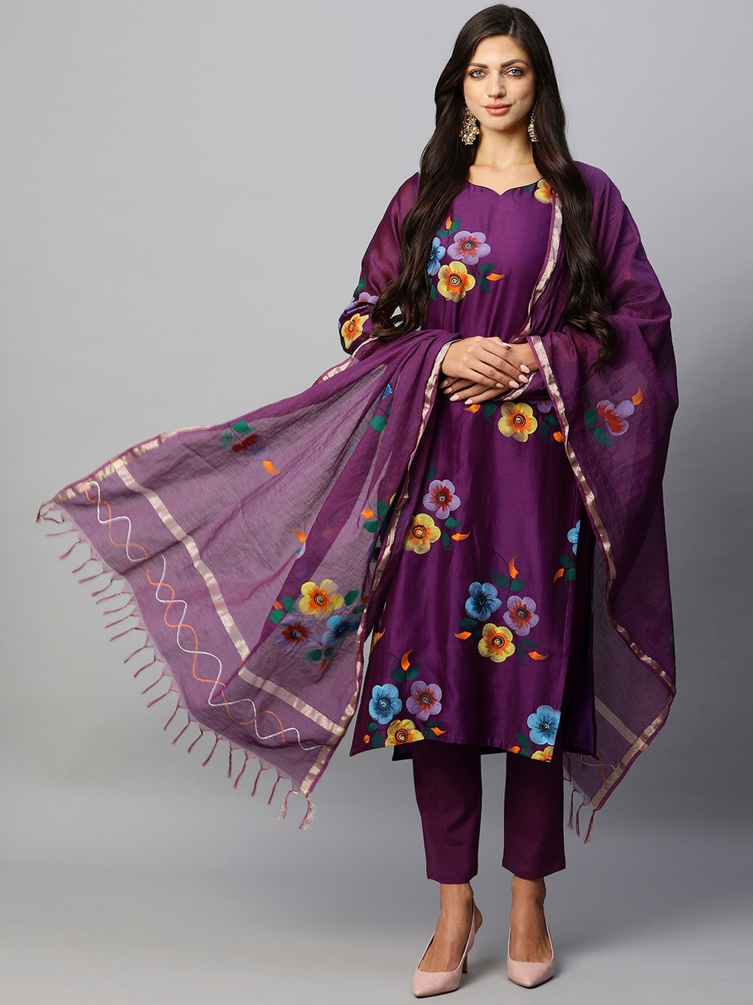 

KALINI Floral Printed Kurta & Trousers With Dupatta, Violet