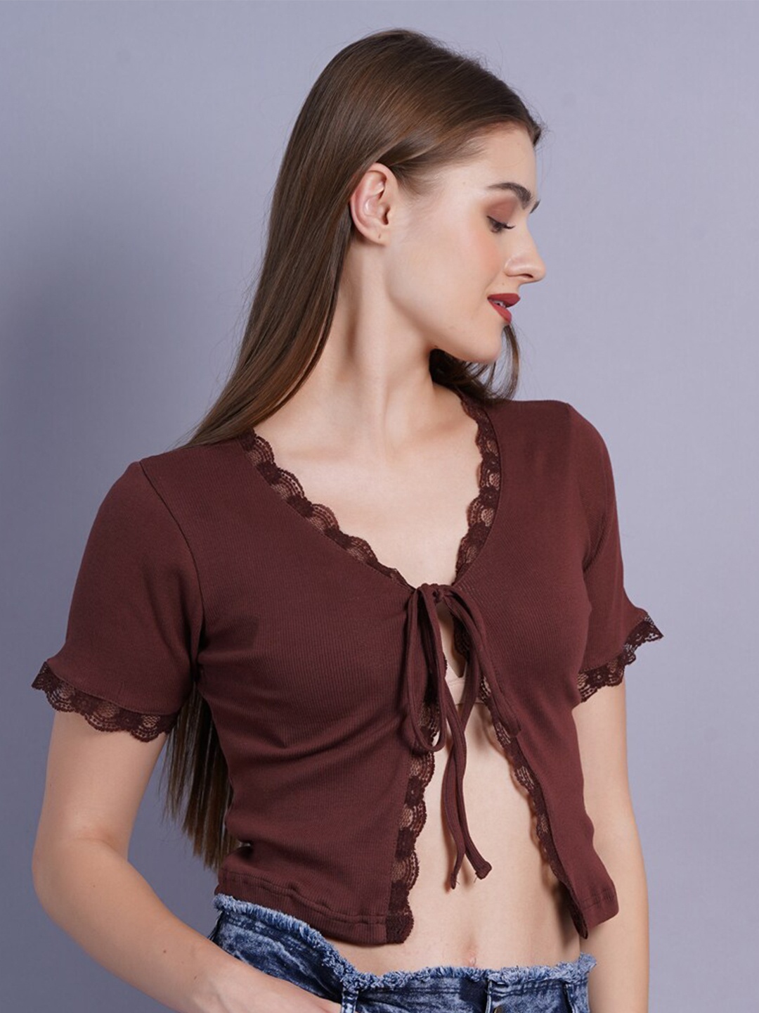 

SIGHTBOMB Short Sleeves Crop Tie-Up Shrug, Brown