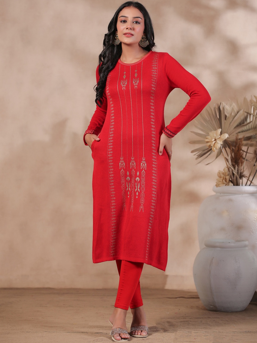 

Ishin Ethnic Motifs Woven Designed Calf Length Jacquard Kurta, Red