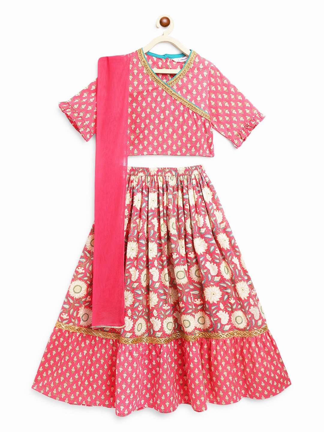 

Campana Girls Printed V-Neck Cotton Ready to Wear Lehenga & Blouse With Dupatta, Pink