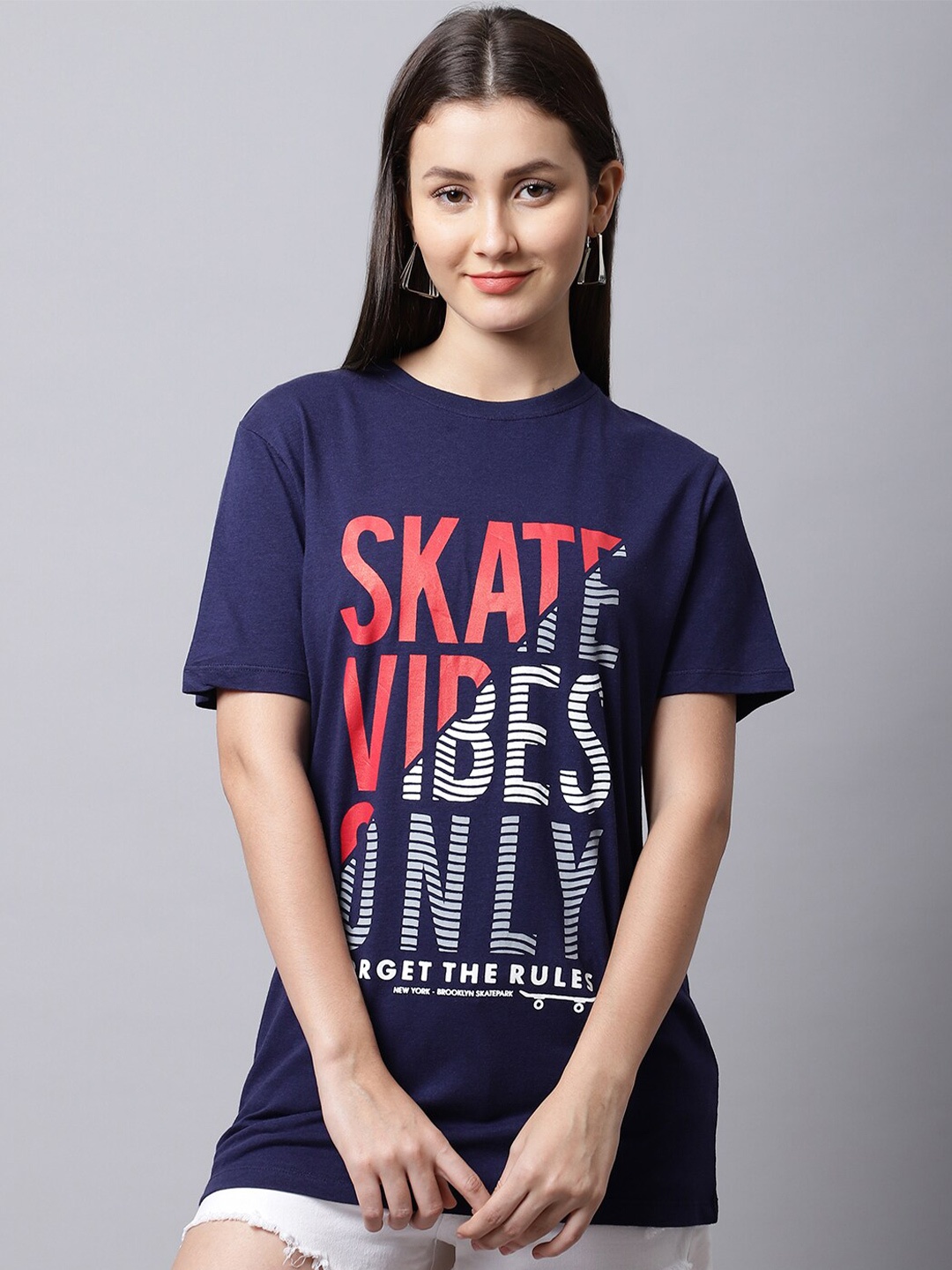 

DressBerry Typography Printed Round Neck Cotton T-shirt, Navy blue
