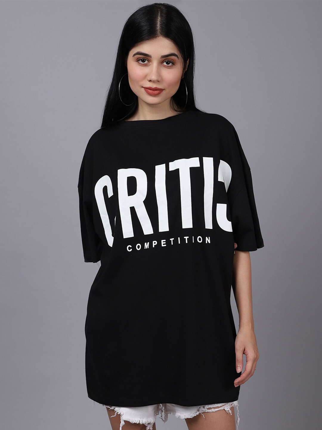 

DressBerry Typography Printed Drop-Shoulder Sleeves Cotton Oversized T-shirt, Black