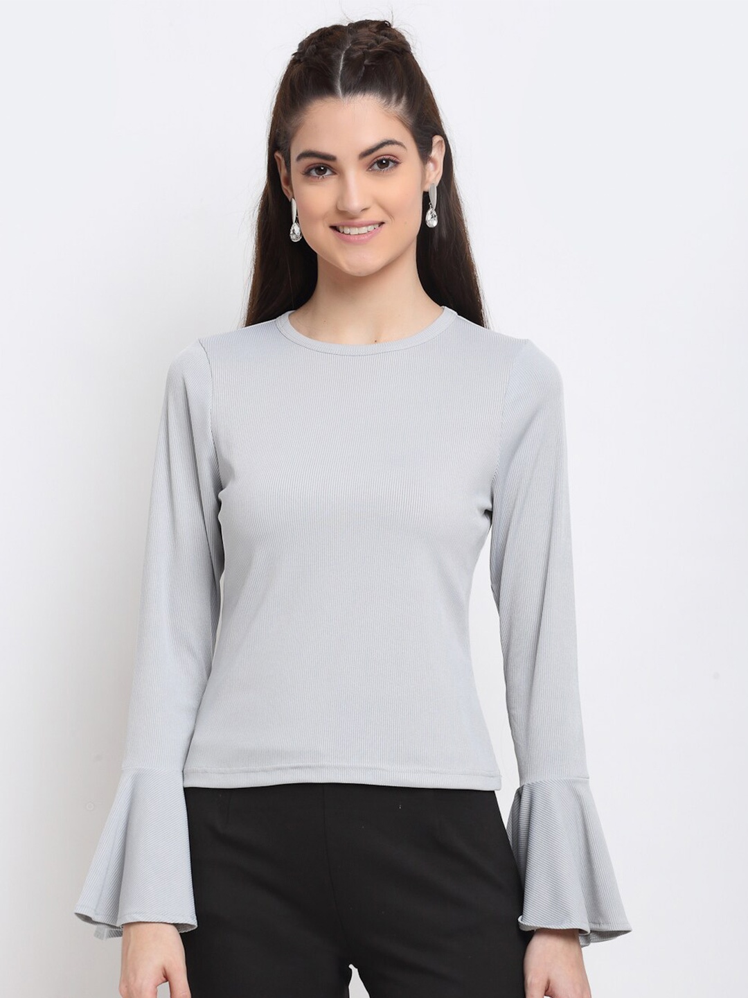 

DressBerry Ribbed Round Neck Bell Sleeves Cotton Top, Grey