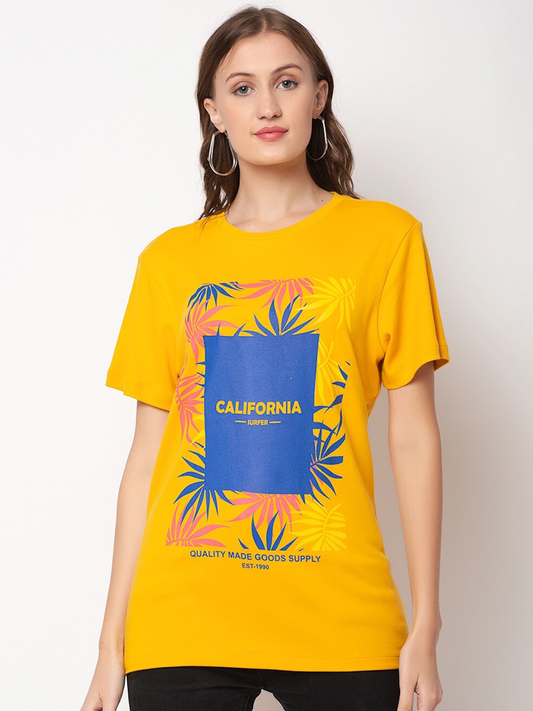 

DressBerry Graphic Printed Round Neck Cotton T-shirt, Mustard