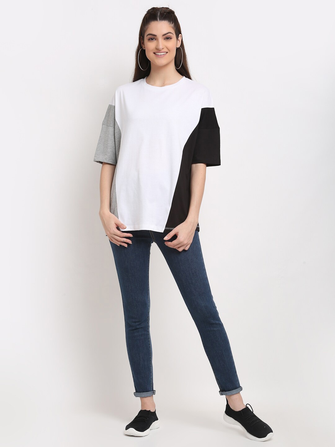 

DressBerry Colourblocked Round Neck Cotton Oversized T-shirt, White