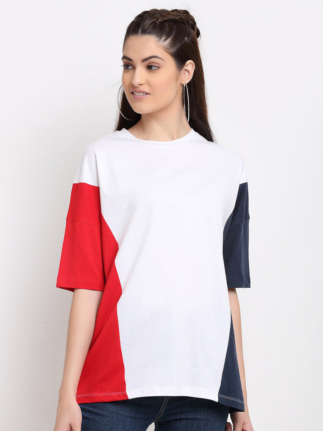 

DressBerry Colourblocked Round Neck Cotton Oversized T-shirt, White