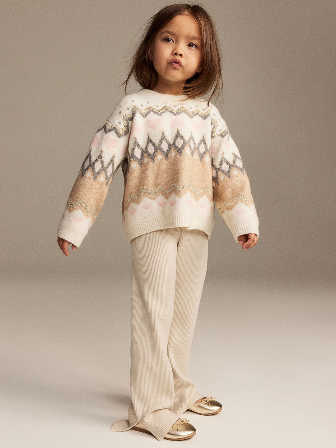 

H&M Girls Jacquard-Knit Jumper, Beige