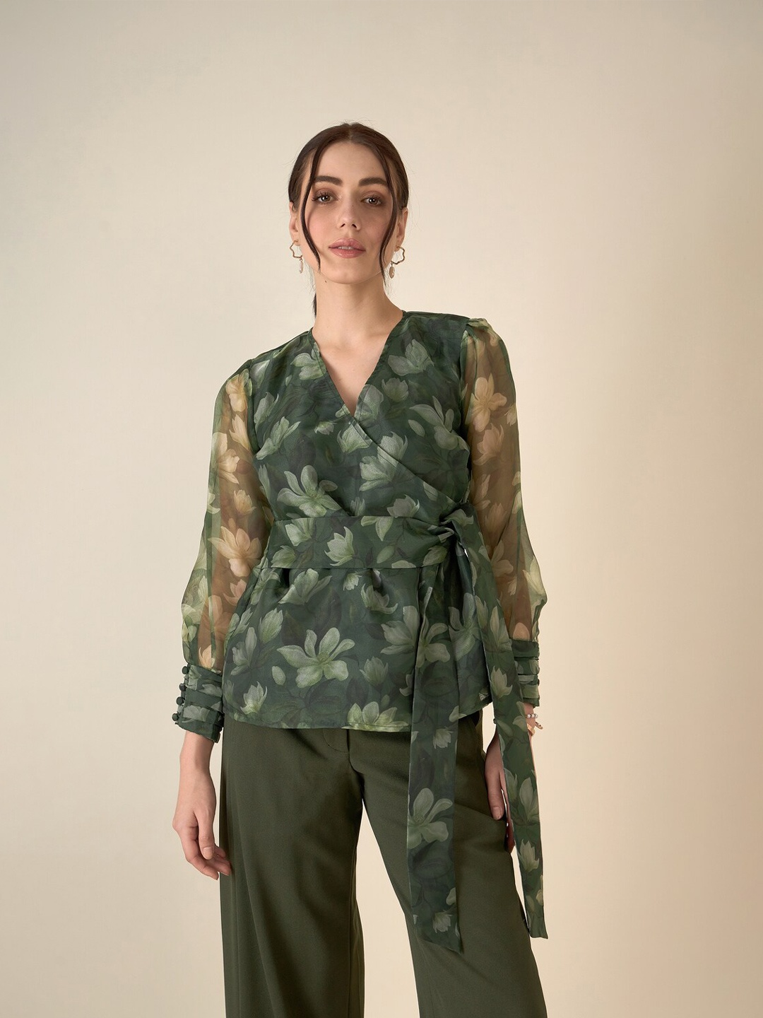 

SALT ATTIRE Floral Printed V-Neck Top, Green