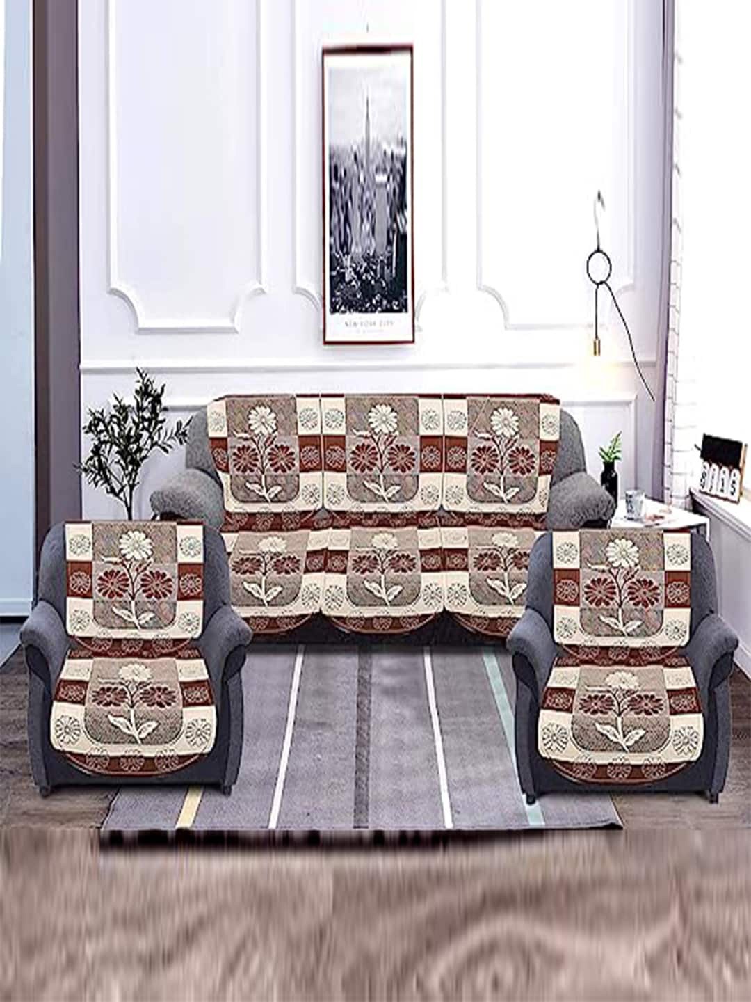 

Kuber Industries Brown 6 Pieces Printed Cotton 5 Seater & 2 Seater Sofa Covers