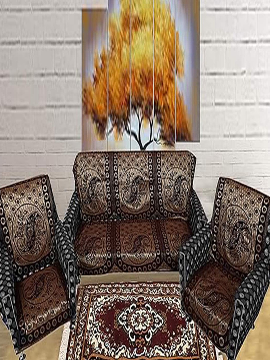 

Kuber Industries Coffee-Brown 6 Pieces Floral-Printed Velvet 5-Seater Sofa Covers