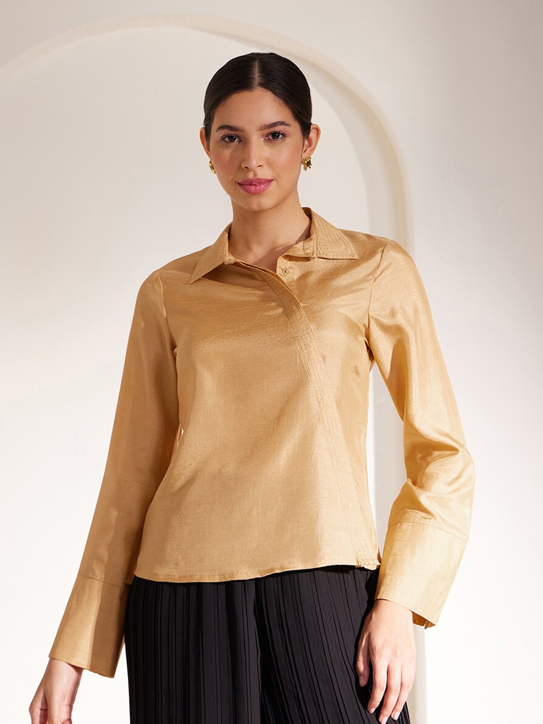 

Pink Fort Tailored Fit Opaque Zari Detail Placket Casual Shirt, Gold