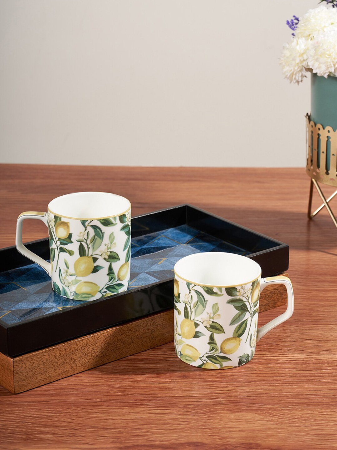 

Living scapes by Pantaloons Yellow & White 2 Pcs Printed Bone China Glossy Mug 300 ML Each