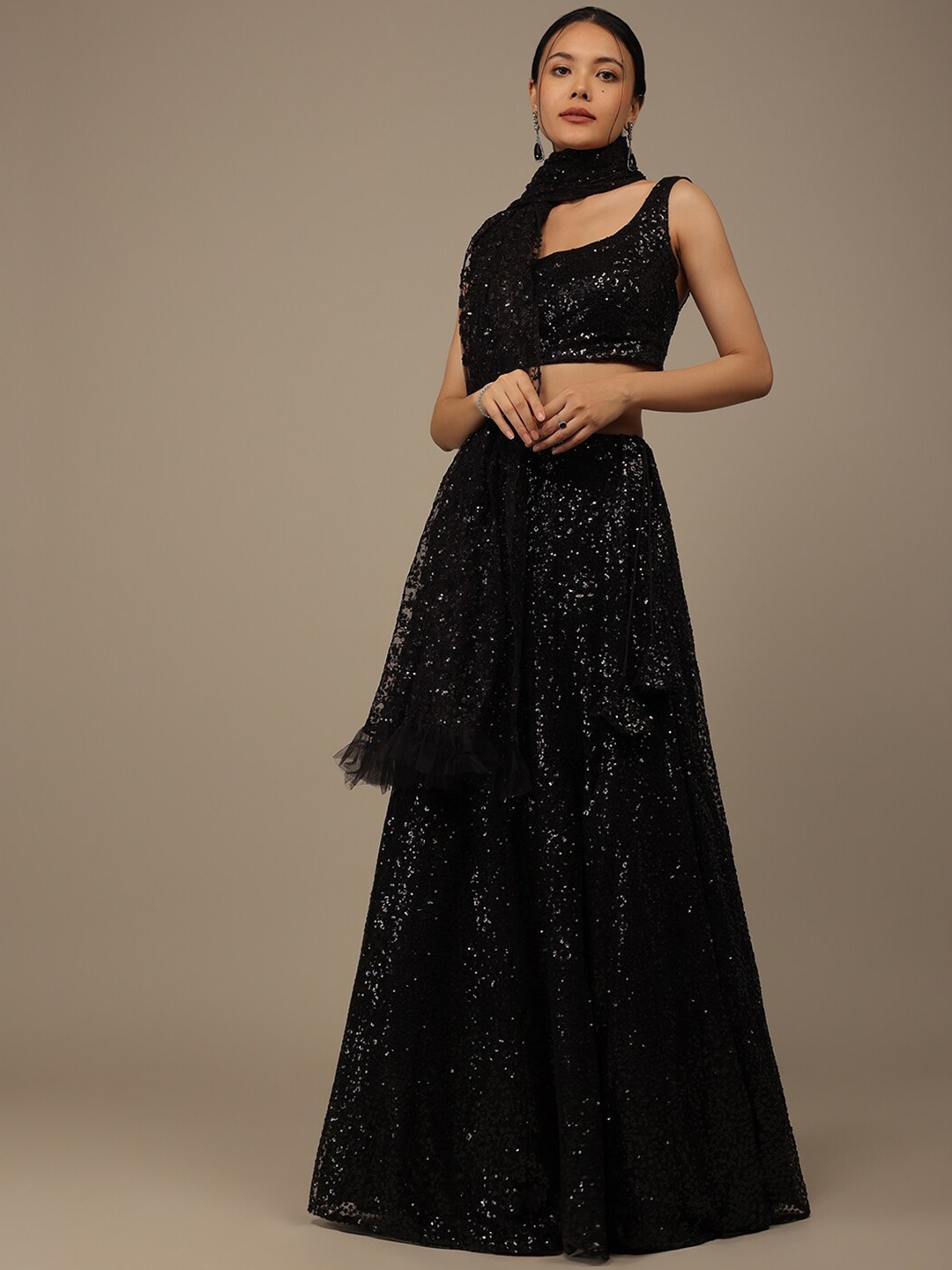 

KALKI Fashion Embellished Sequinned Net Ready to Wear Lehenga & Blouse With Dupatta, Black
