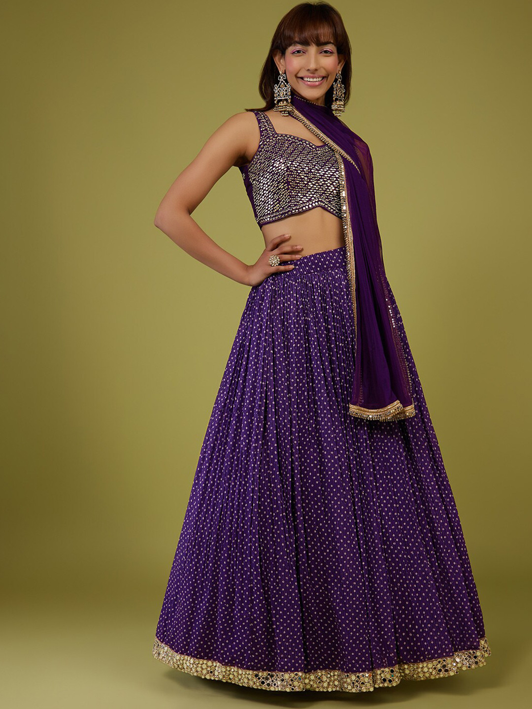 

KALKI Fashion Bandhani Printed Mirror Work Ready to Wear Lehenga & Blouse With Dupatta, Purple