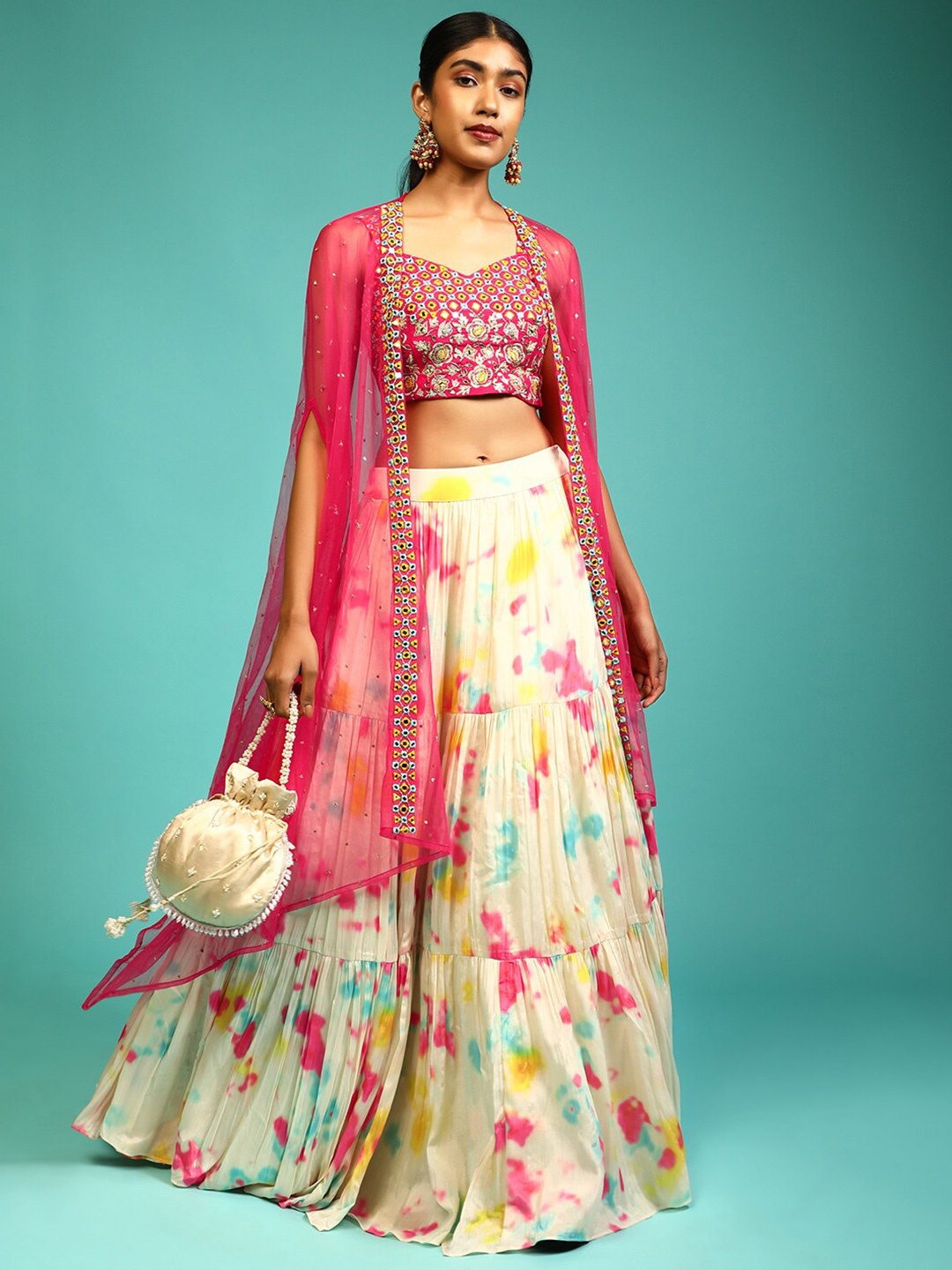 

KALKI Fashion Embroidered Mirror Work Ready to Wear Lehenga & Blouse With Shrug, Beige
