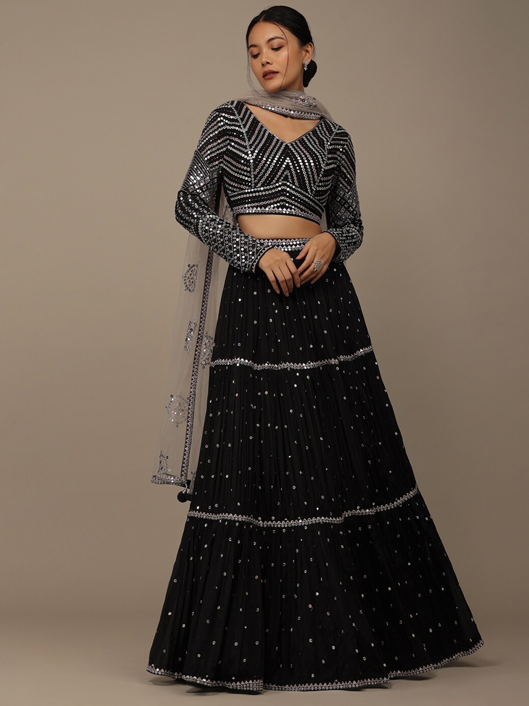 

KALKI Fashion Embellished V-Neck Mirror Work Ready to Wear Lehenga & Blouse With Dupatta, Black