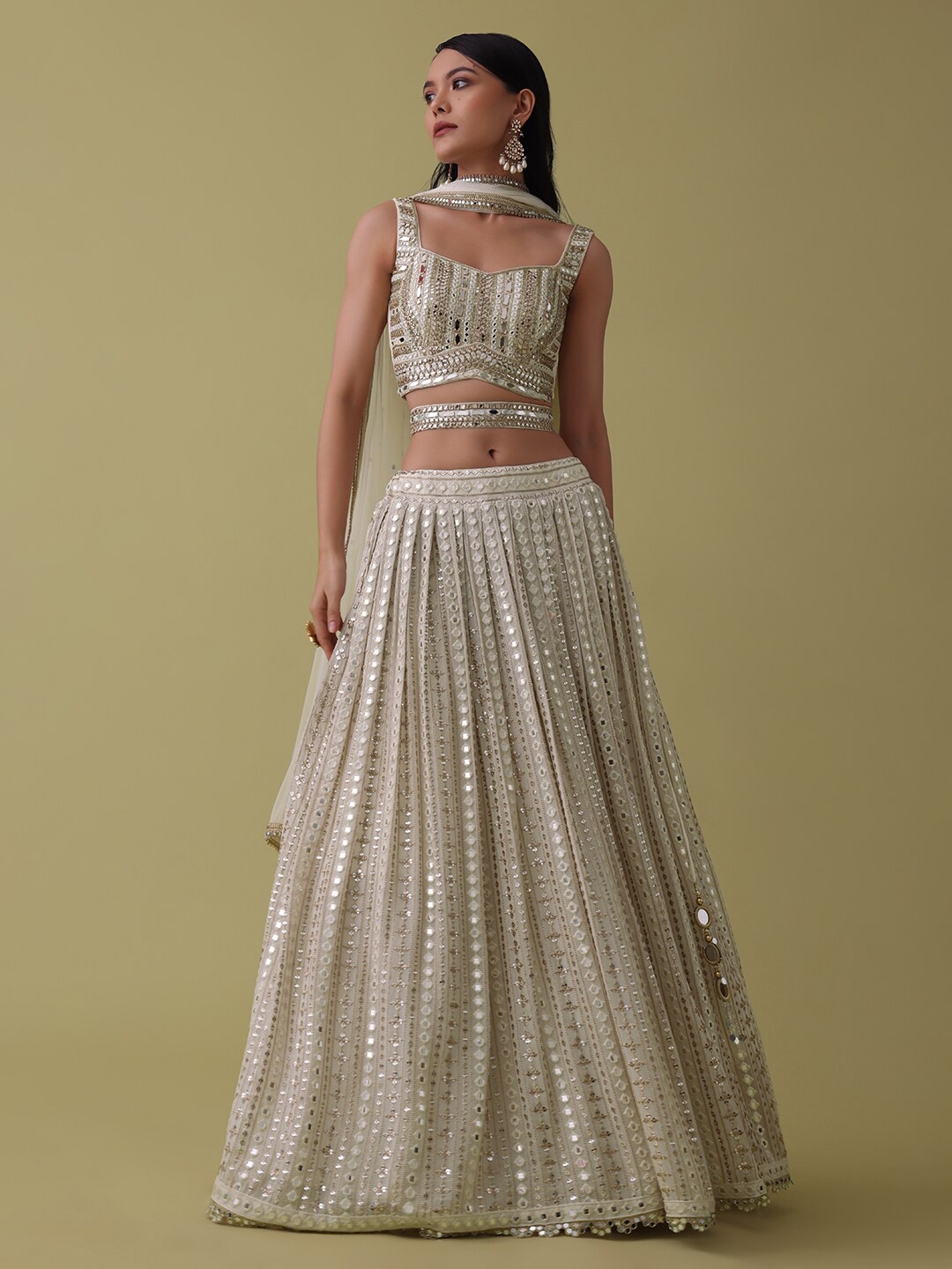 

KALKI Fashion Embellished V-Neck Mirror Work Ready to Wear Lehenga & Blouse With Dupatta, White