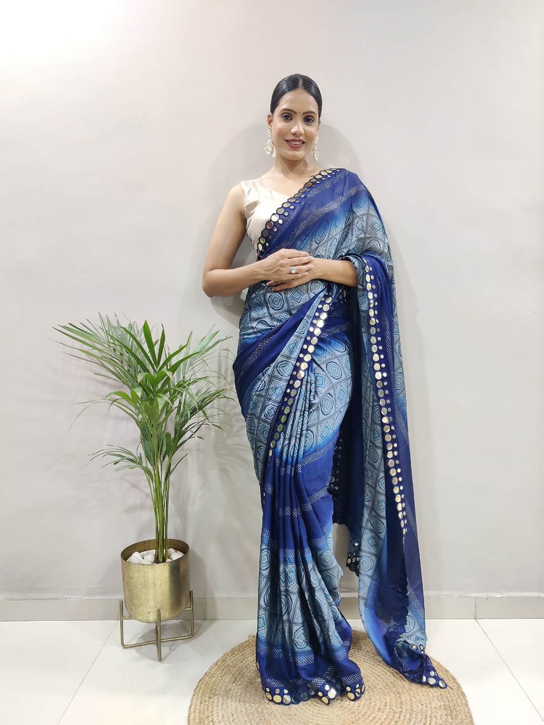 

DIVASTRI Ethnic Motifs Mirror Work Ready To Wear Pure Georgette Block Print Saree, Blue