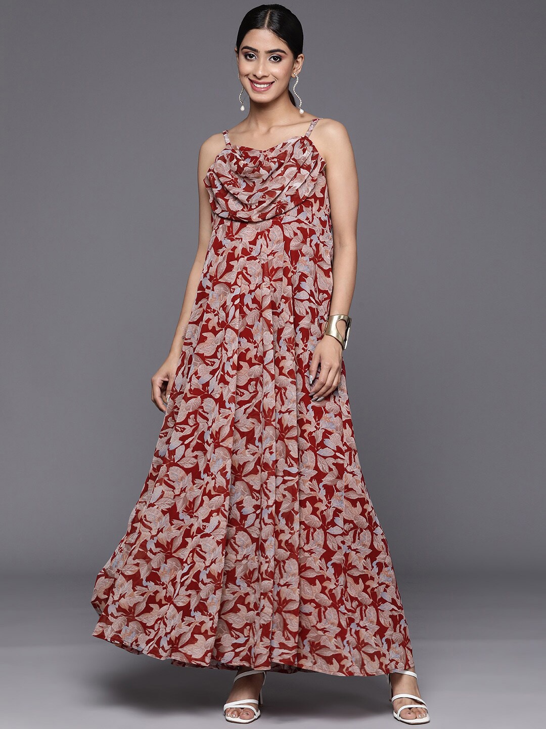 KALINI Floral Printed Shoulder Straps Georgette Maxi Dress, Red