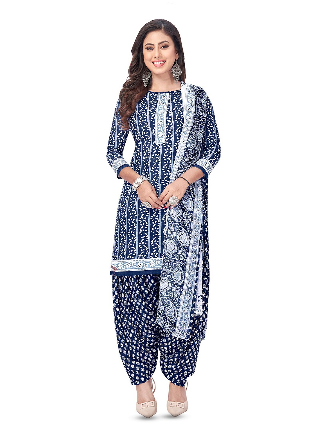 

SALWAR STUDIO Paisley Printed Unstitched Dress Material, Navy blue